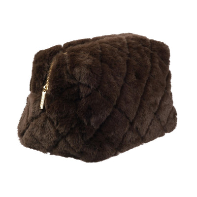 DARK  Faux Fur Quilted Make-Up Pouch Small